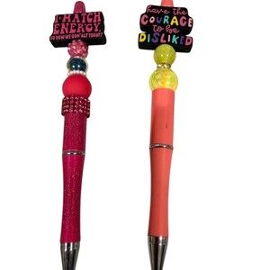 Set of 2 Beadable Refillable Pens Motivational Quote Toppers Pink & Coral gift